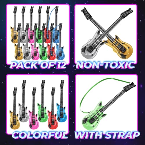 Bedwina Inflatable Guitars for Kids - 36-inch Neon Blow Up Guitar Instruments, Party Favors, Giveaways, DJ-Props, Photo-Booth, Birthdays, Rock Star, Rock and Roll Party Decorations